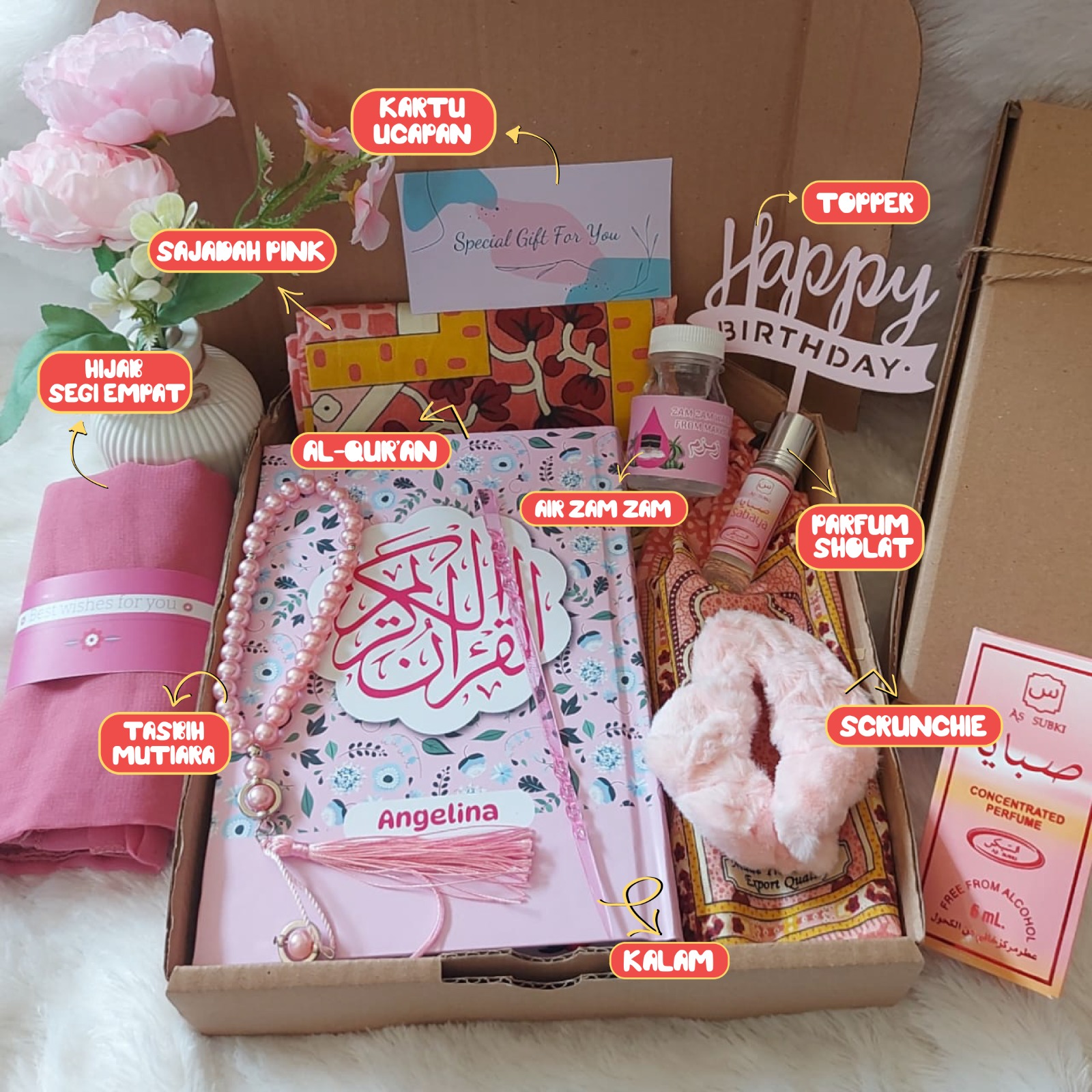 Hampers Pink Al-Quran 10in1 Custom Name Prayer Mat Hijab Tasbih hadiah for Girls hadiah box Muslimah Q…