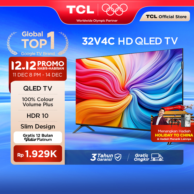 TCL HD QLED Google TV 32 inch V4C - HDR 10 - Dolby Audio - Google Play/Netflix/Youtube/Disney+Hotstar - Smart Android 24 LED Digital Promo Murah A9 L4B (Model: 32V4C) Harga 1,799,000 rupiah*Gratis Ongkir