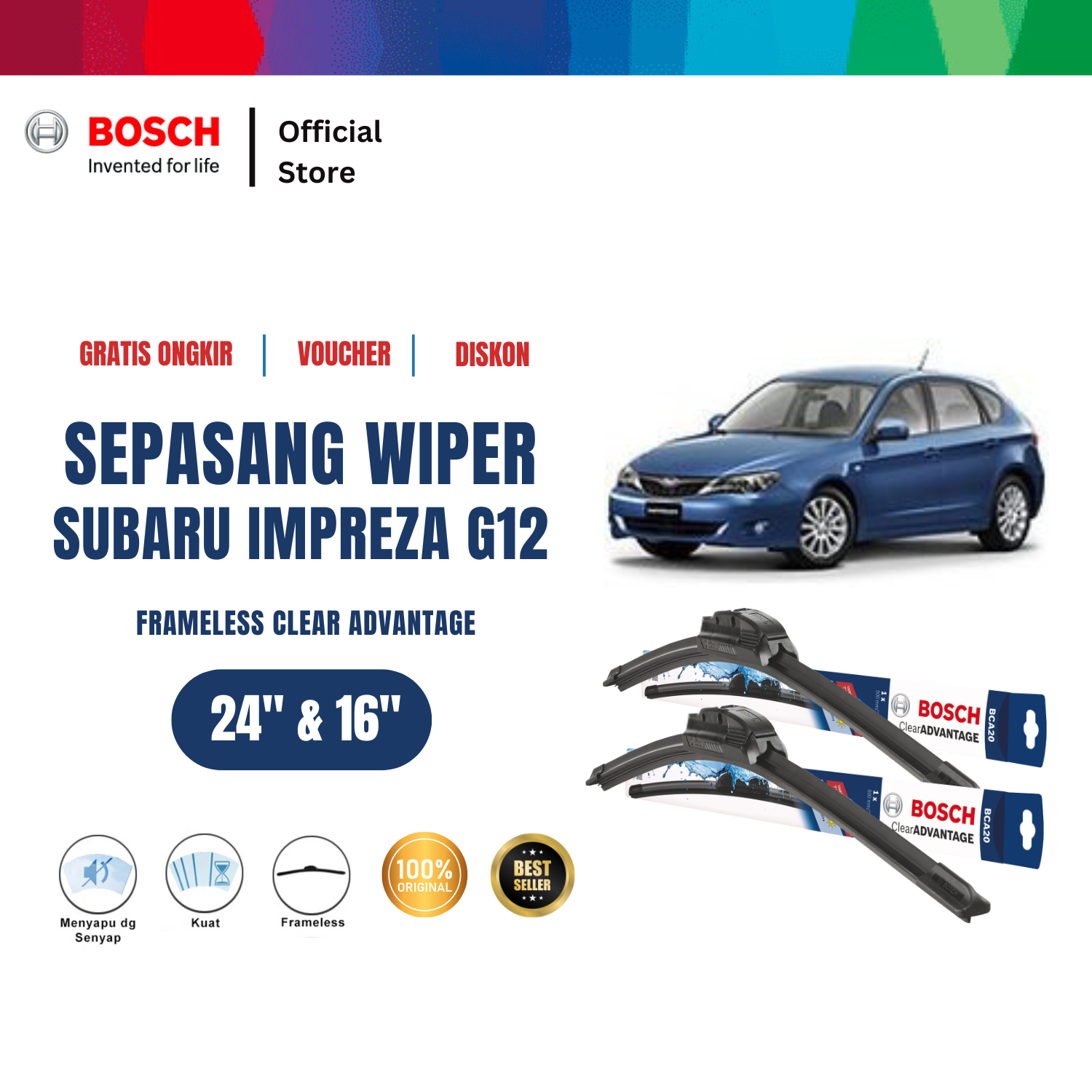 Bosch Sepasang Wiper Frameless New Clear Advantage Mobil Subaru Impreza G12 Size 24 dan 16 Inci Harga 197,115 rupiah*Gratis Ongkir
