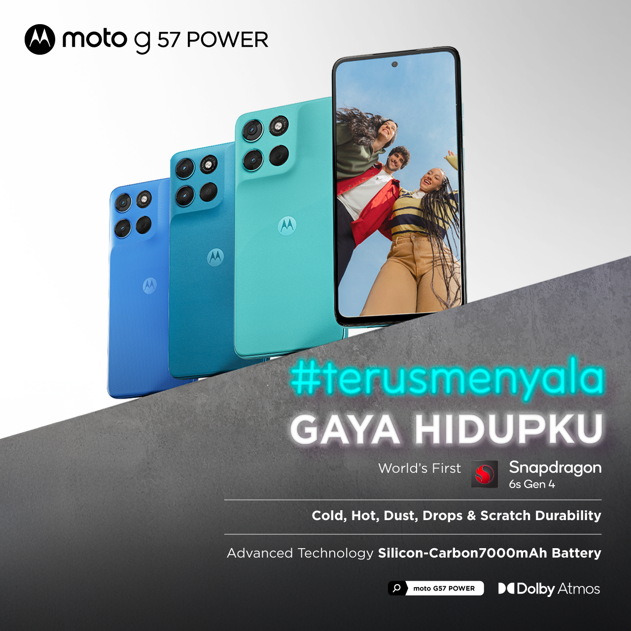 Moto G57 Power 5g - Ramboost 24Gb/256Gb - Snapdragon6S Gen4 - Antutu 625K - 7000Mah Siliconcarbon - 50Mp Sony Lytia600 - 8Mp Selfie - 6.72\" - Ip64 Gg7I Mil810H - Dolby Stereo Harga 3,299,000 rupiah*Gratis Ongkir