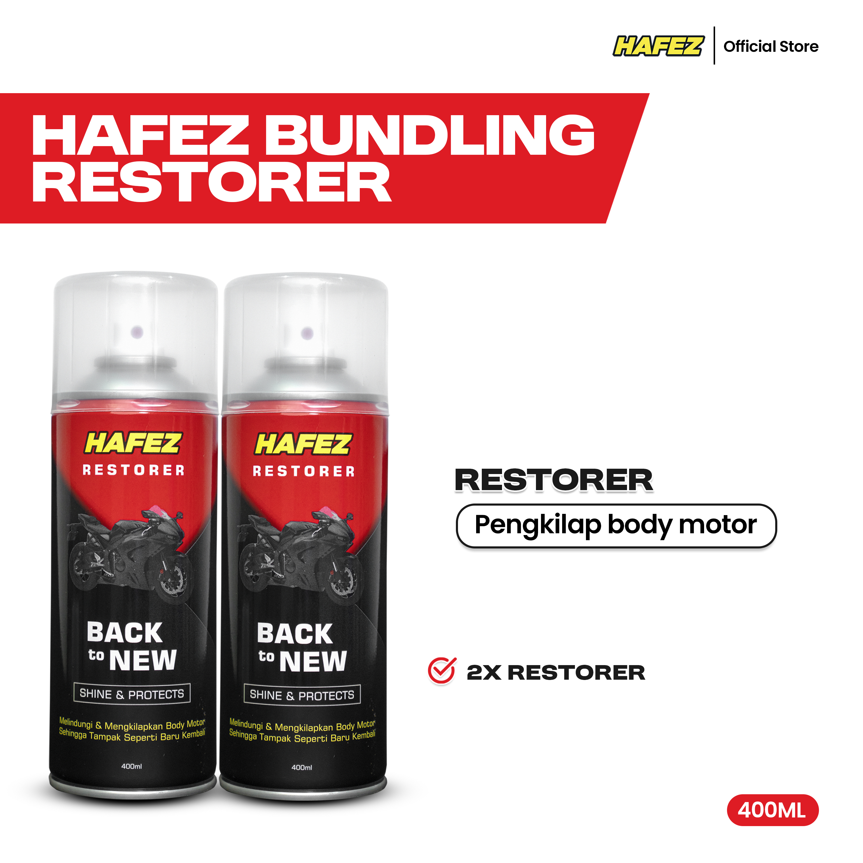HAFEZ BUNDLING 2 RESTORER Pengkilap dan Penghitam Body Motor Kendaraan Harga 99,000 rupiah*Gratis Ongkir