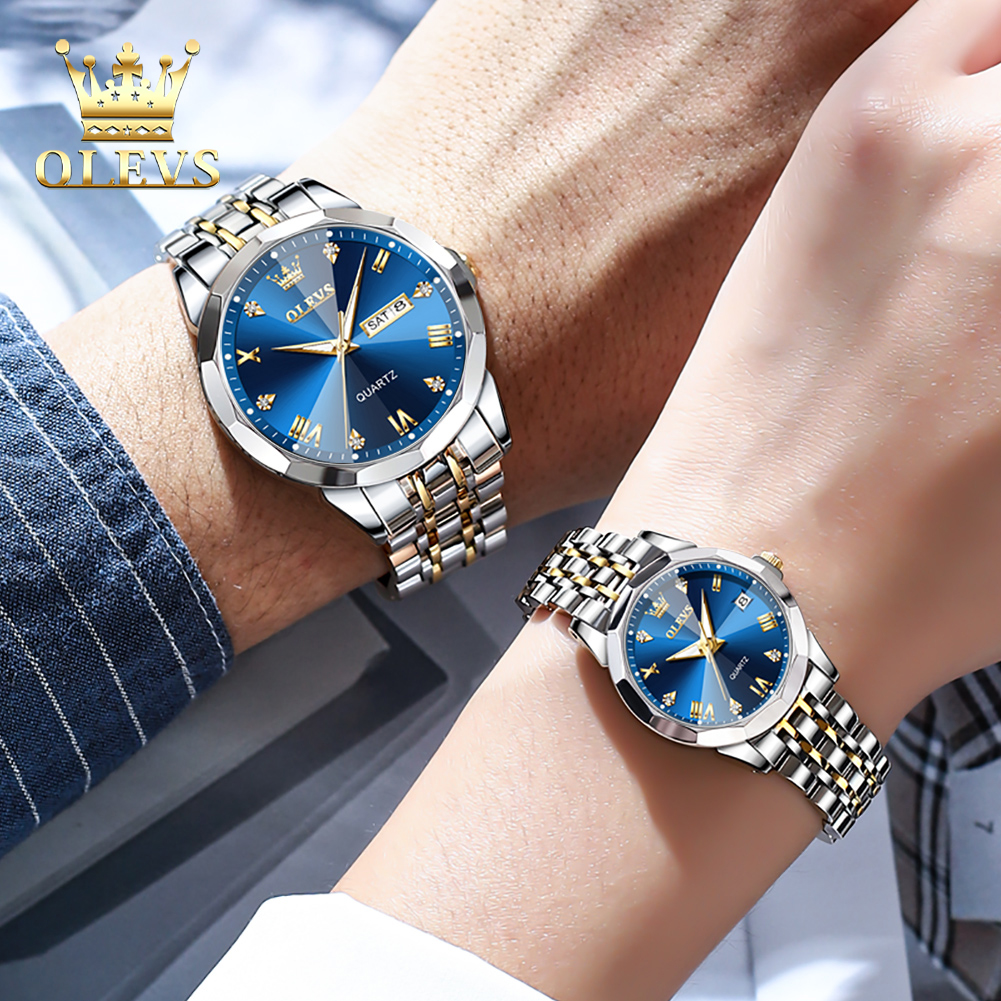 2pcs OLEVS jam tangan couple pasangan terbaru dewasa asli anti air sapphire prismatic berlian panggil…