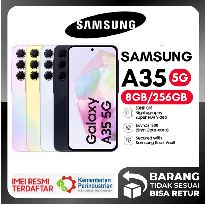 Samsung A35 5g 8/256Gb Main Camera Triple 50 Mp,8 Mp,5 Mp - Warranty ,8/128 Gb - Awesome Navy Harga 3,650,000 rupiah*Gratis Ongkir