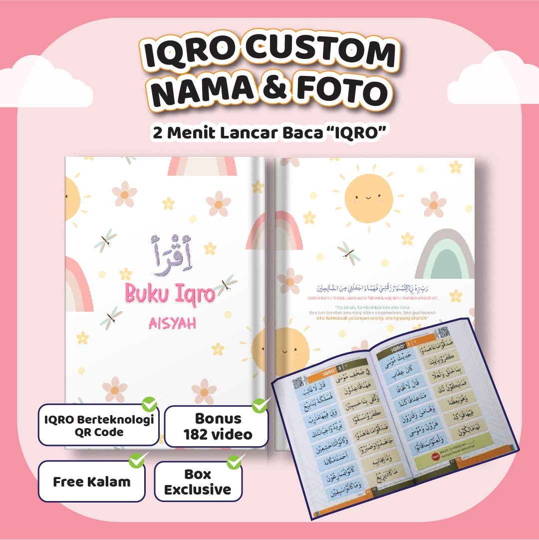 Free Iqro Qrcode Book, Custom Name & Photo of Child, Souvenir hadiah, Fullcolor Blackwhite, A5 Size