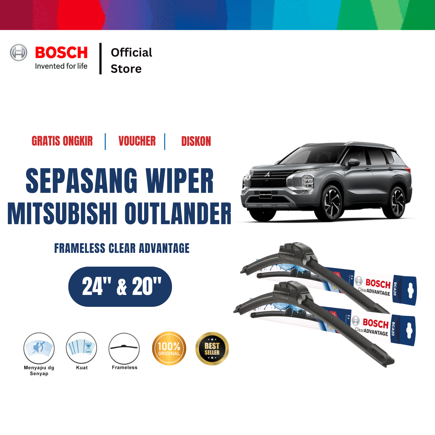 Bosch Sepasang Wiper Mobil Mitsubishi Outlander Frameless Clear Advantage 24 dan 20 Inci Harga  217,175 Ringgit*Penghantaran Percuma