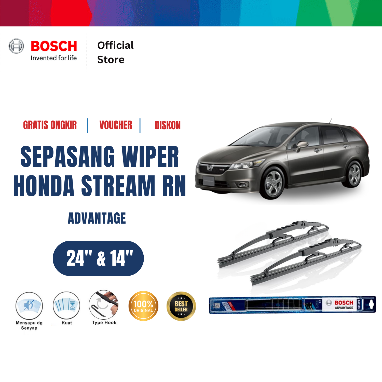 Bosch Sepasang Wiper Kaca Mobil Honda Stream RN 2000-2006 Advantage 24 dan 14 inchi Harga  134,130 Ringgit*Penghantaran Percuma