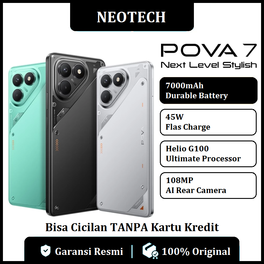 Tecno Pova 7 (8GB + 128GB/256GB) MediaTek Helio G100 Ultimate, 120Hz vivid display, 108mp + 2MP macro camera, 7000 mah-installment available without credit card-official 1 year warranty-cheap mobile phone (kredivo, Laz pay later, available for cod, Ovo, o Harga 2,098,500 rupiah*Gratis Ongkir