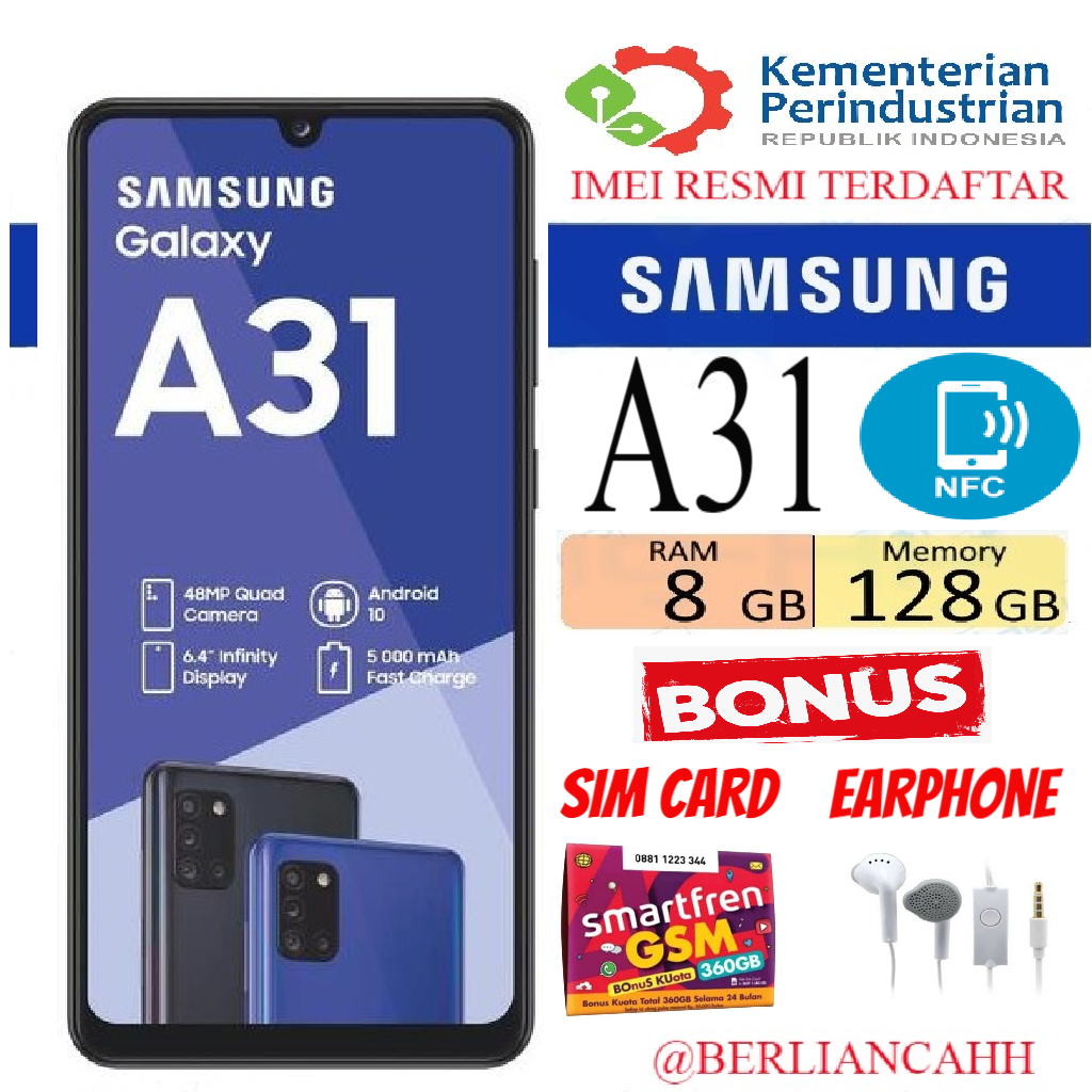 Samsung A31 ( NFC ) RAM 6 ROM 128 GB 6/128 8/128 Garansi Sein - 6/128- Berliancahh Harga 1,900,000 rupiah*Gratis Ongkir