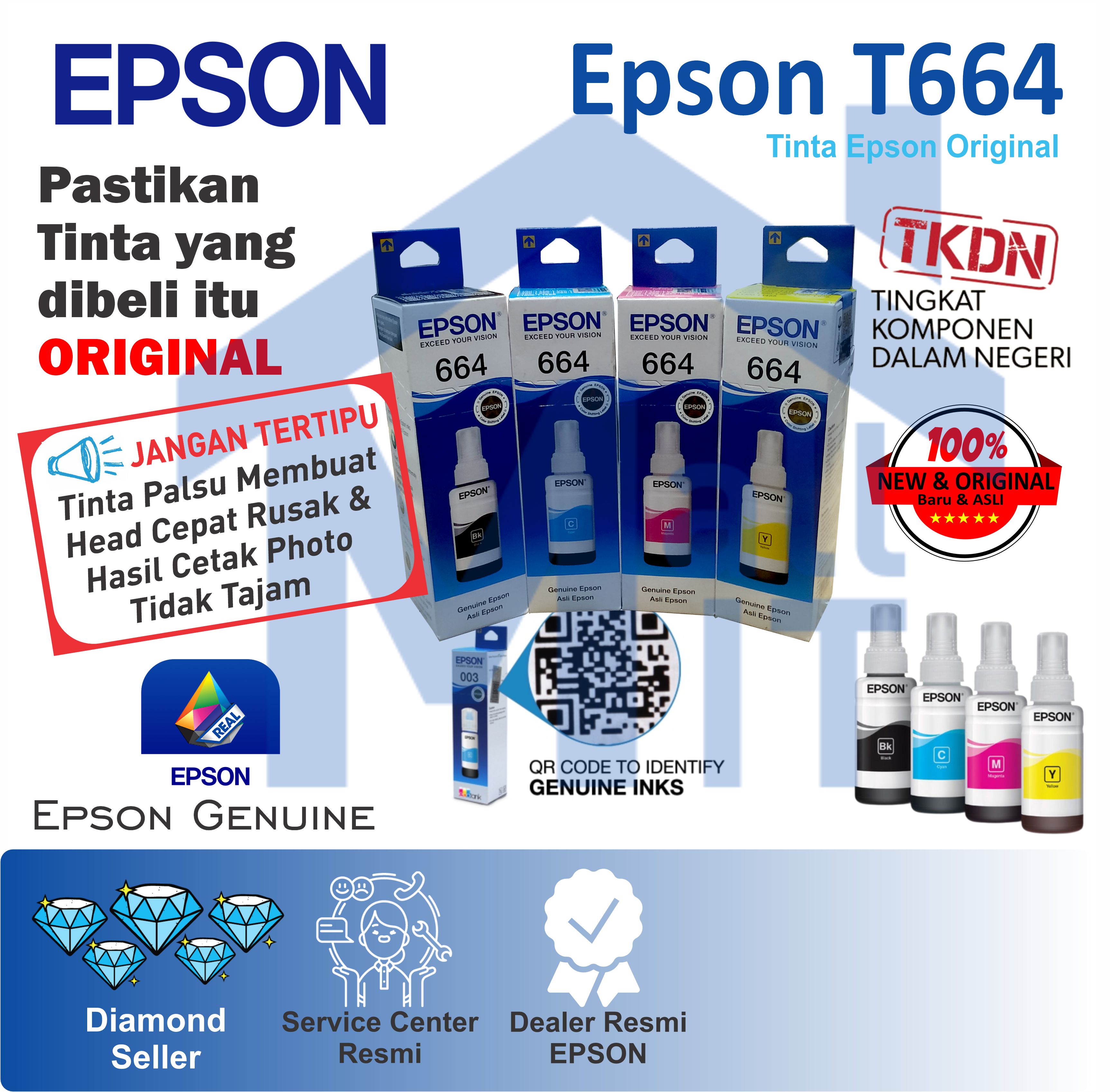 Tinta Epson T664 ORI L120 L121 L310 L360 L365 L380 L405 L565 L1300 CYMK ORIGINAL Harga 95,000 rupiah*Gratis Ongkir