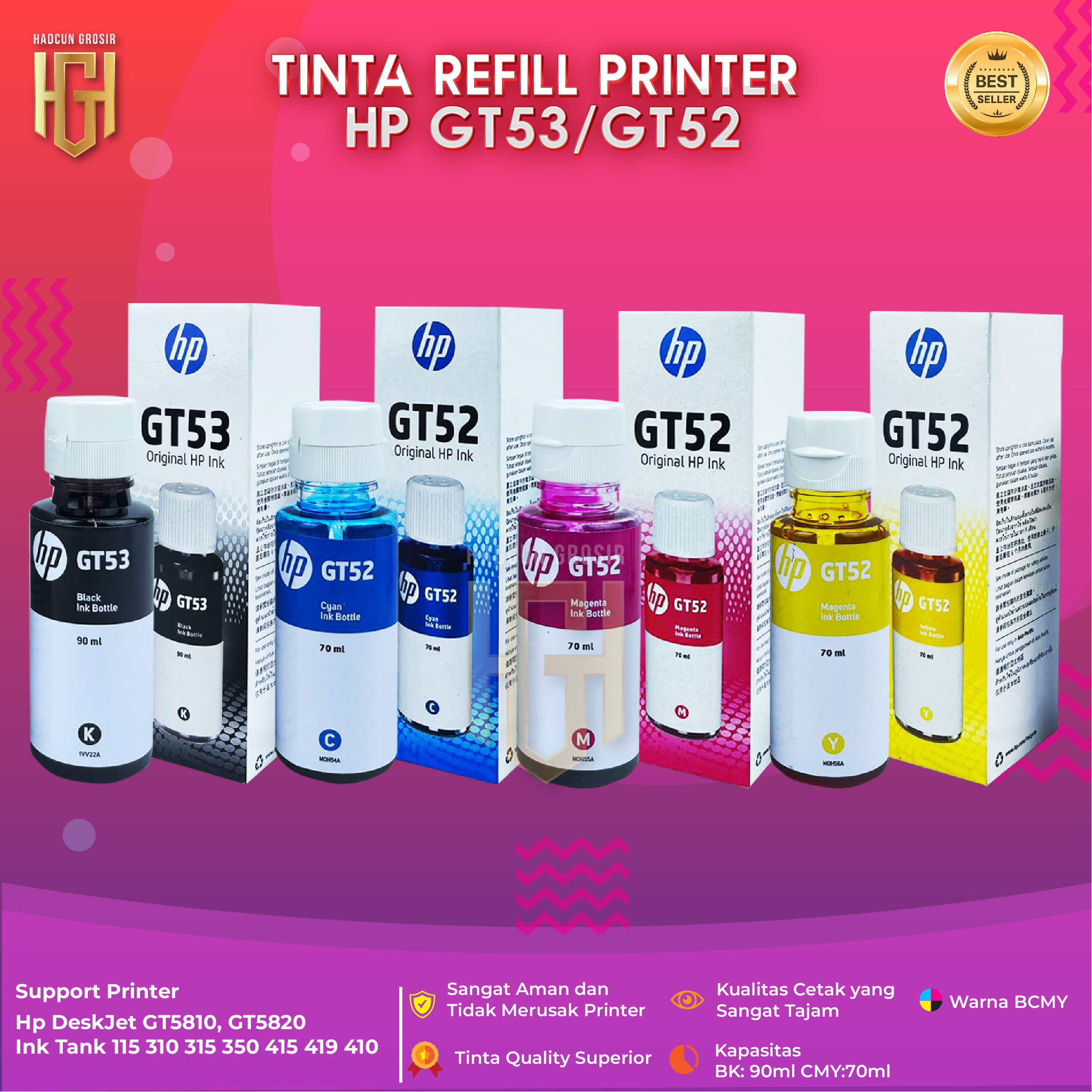 HP gt53 90ml black gt52 70ml color refill ink for 315 319 415 419 gt5810 gt5820 printer Harga 18,197 rupiah*Gratis Ongkir