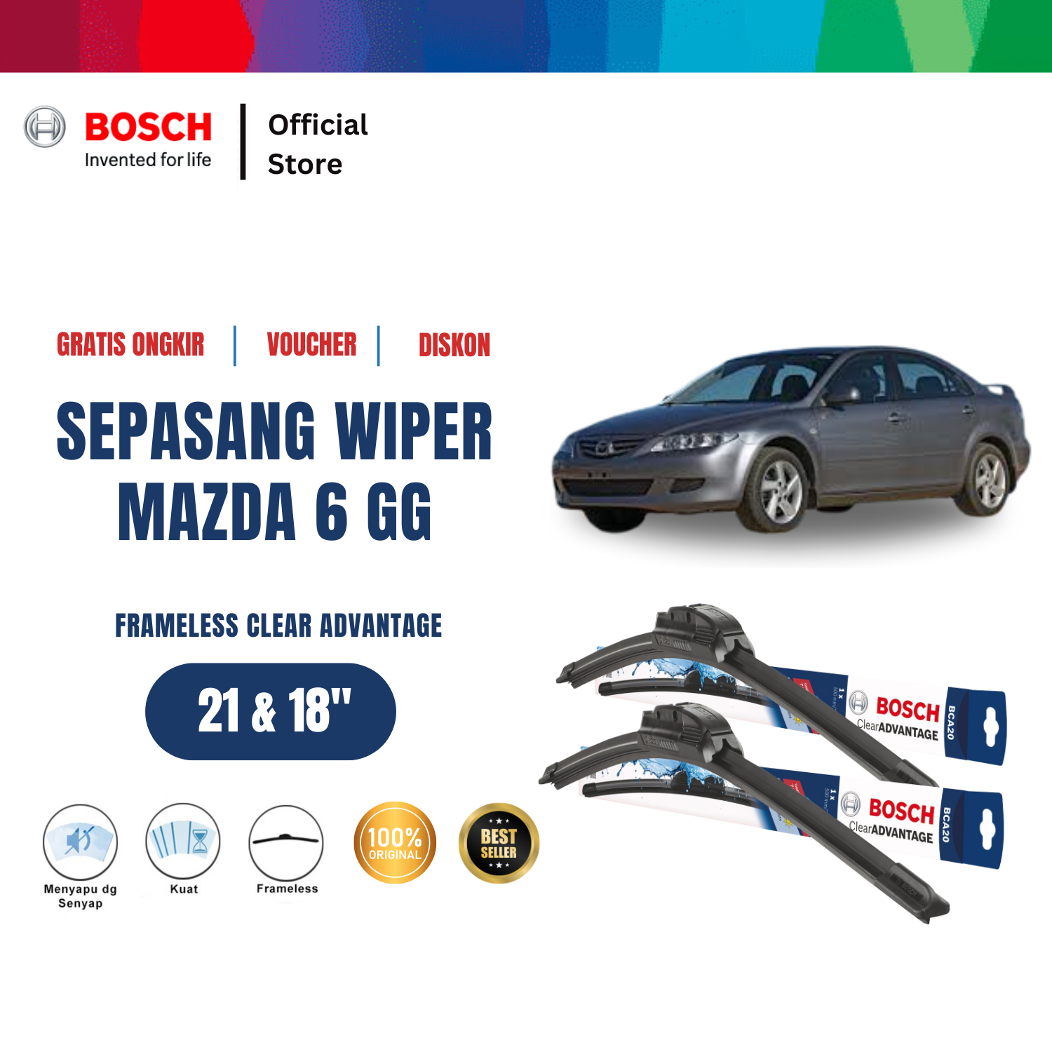 Bosch Sepasang Wiper Depan Frameless New Clear Advantage Mobil Mazda 6 GG (21" & 18" ) - 2 pcs/set Giá 203,575 Đồng*Miễn phí vận chuyển