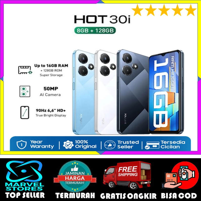 TERMURAH!! INFINIX HOT 30I / RAM 8GB - INTER 128GB / BERGARANSI Harga 1,255,800 rupiah*Gratis Ongkir