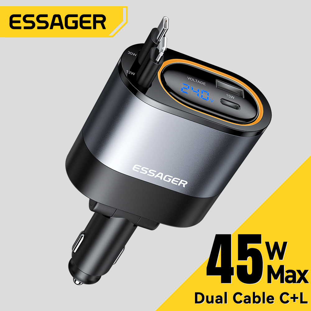 Essager 45W car fast charger with two ports design (USB-A/Type C) with charging cable (type C/IP) Harga 236,000 rupiah*Gratis Ongkir