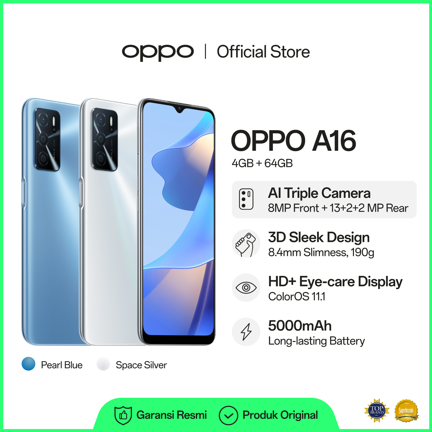  daftar harga dan spesifikasi hp android	 Oppo A16 4Gb/64Gb 13Mp Ai Triple Camera, Hd+ Eyecare Display, 5000Mah Battery, 3D Sleek Design 	