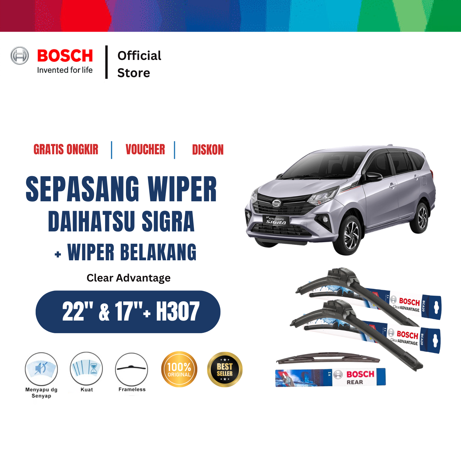 Bosch Wiper Depan dan Belakang Mobil Daihatsu Sigra Frameless 22 dan 17 inchi dan H307 Harga 303,365 rupiah*Gratis Ongkir
