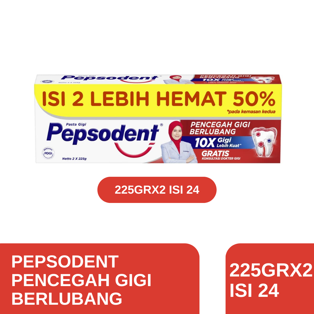 Pepsodent Pasta Gigi Pencegah Gigi Berlubang 225gr x2 Isi 24 pcs [Karton] - Merek Pepsodent Harga 521,500 rupiah*Gratis Ongkir