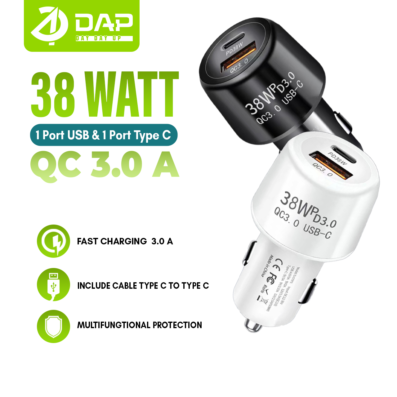 DAP D-CCP2 Car Charger PD 38 watt QC 3.0A 2 Port USB & Type C Include Cable C to C - Garansi 1 Tahun Harga 64,625 rupiah*Gratis Ongkir