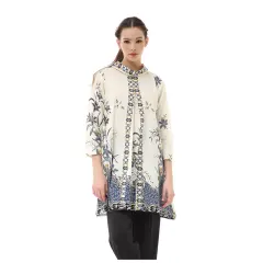 Hamlin Olaf Atasan Batik Wanita Tunik Traditional Motive Elegant Design Material Cotton ORIGINAL - White Blue