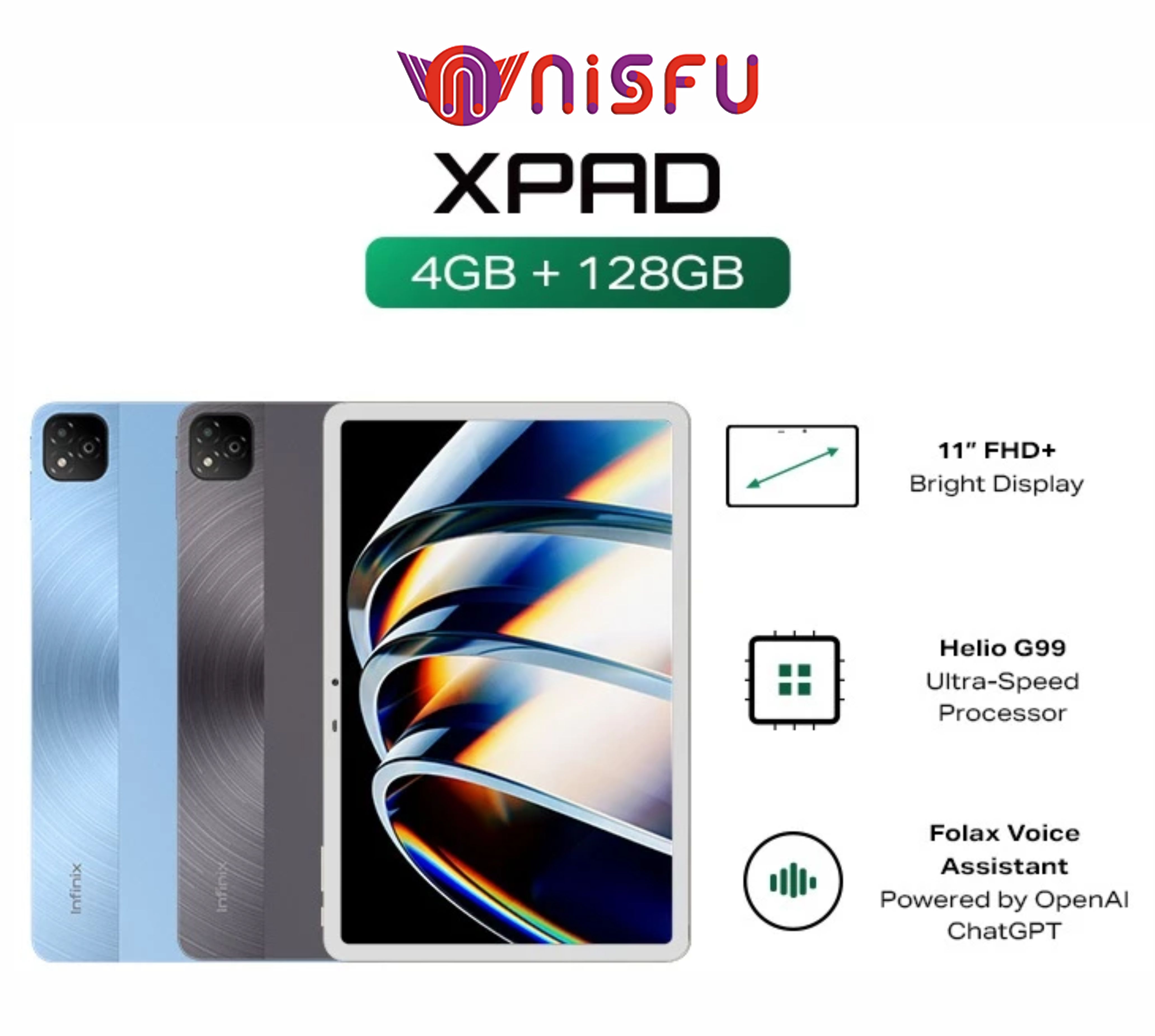 INFINIX XPAD - Ram 4GB / Rom 256GB - Mediatek Helio G99 - 11" 90Hz FHD+ - 7000 mAh - Folax Voice Assistant - Wifi Only Harga  2,299,000 Ringgit*Penghantaran Percuma