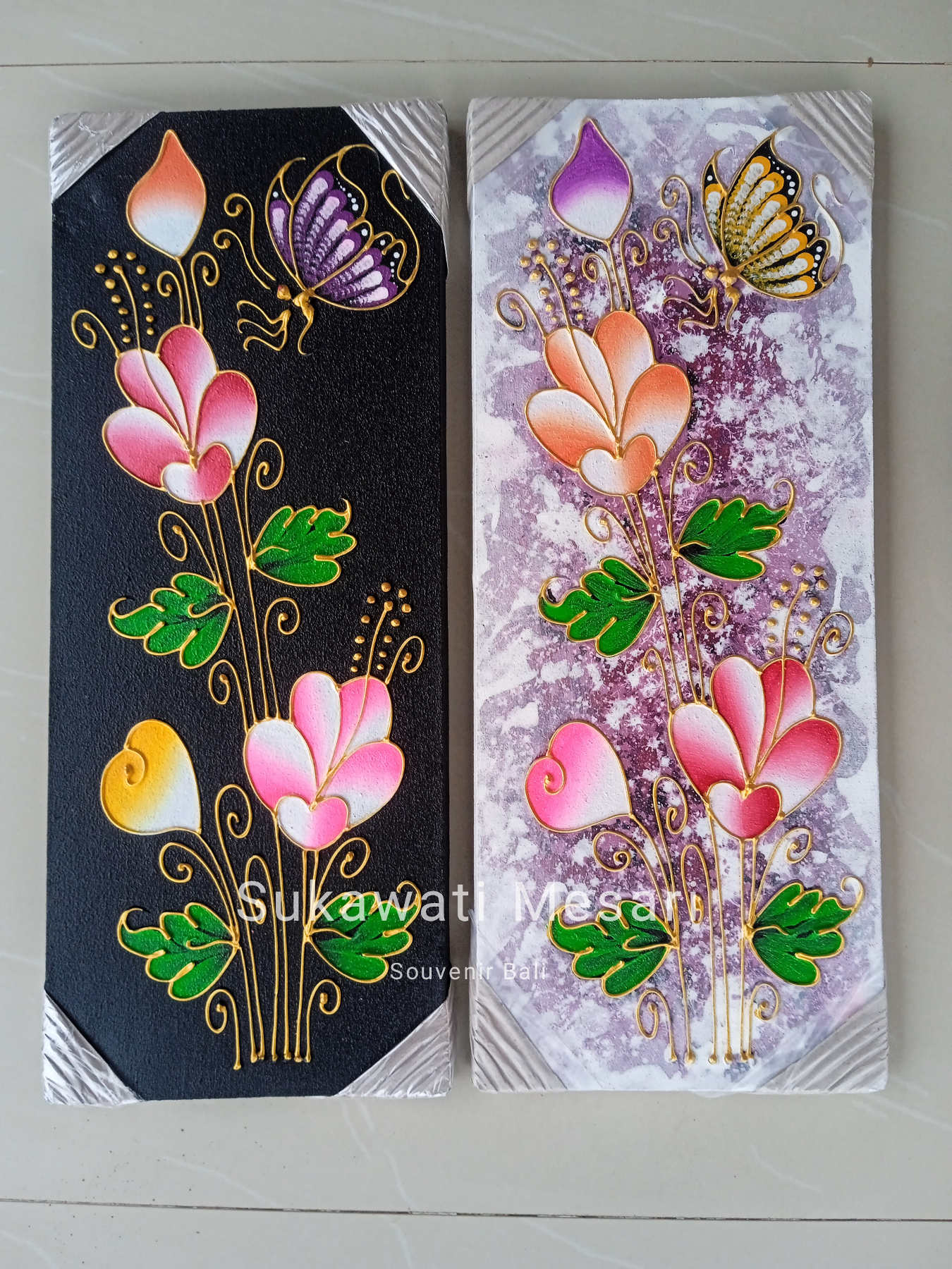 Lukisan Cantik Bunga Kupu Kupu 20 x 50cm Dekorasi Pemandangan Klasik Handmade Khas Bali