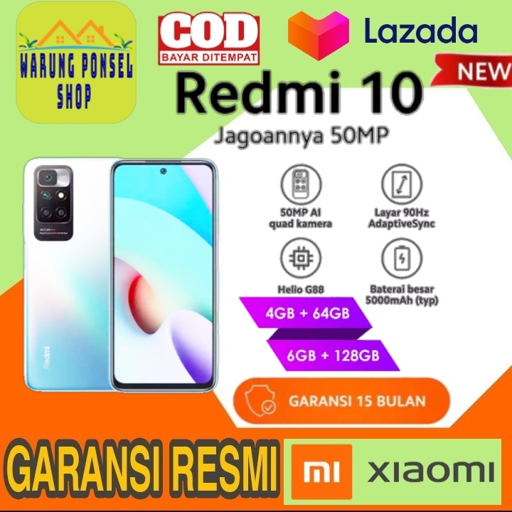 Xiaomi Redmi 10 (4GB+64GB) DAN (6GB+128GB) Helio G88 50MP AI Quad Kamera Layar AdaptiveSync 6,5\