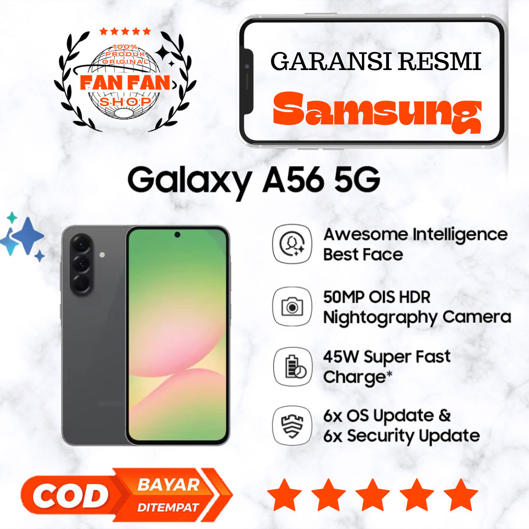 HP Samsung Galaxy A56 5G 8/256GB -12/256 [ | Galaxy AI | Smartphone AI | 45W Super Fast Charge App 5 Penilaian 177 GARANSI RESMI SAMSUNG INDONESIA SEIN TERBARU Harga  5,980,000 Ringgit*Penghantaran Percuma