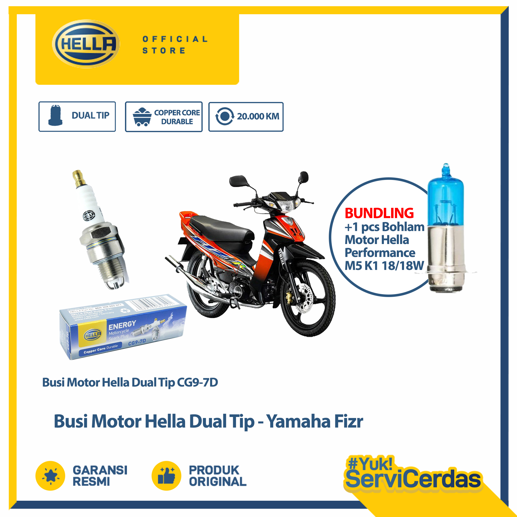 Busi Motor Yamaha FIZR Hella Dual Tip CG9-7D Bundling Bohlam Motor M5 12V 18/18W 4500K-1 - Lampu Motor Harga 50,200 rupiah*Gratis Ongkir