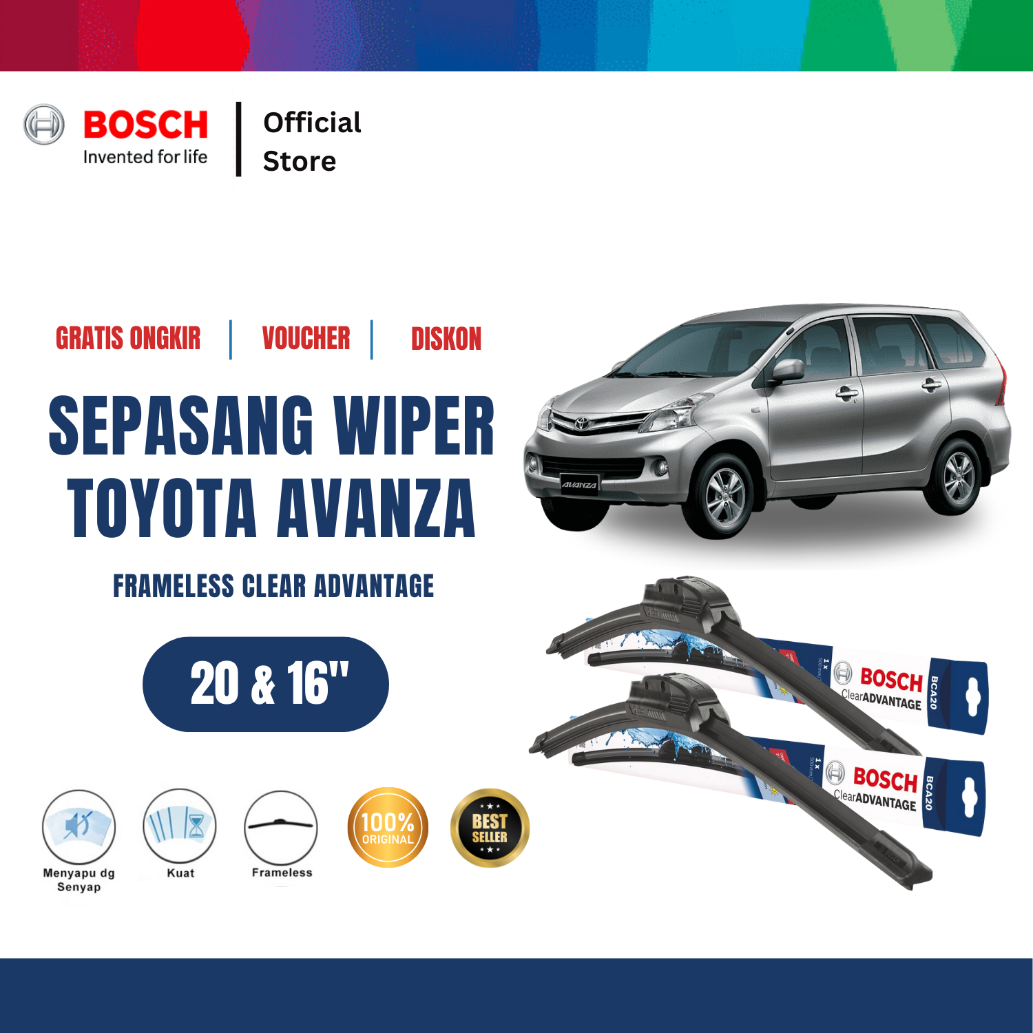 Bosch Sepasang Wiper Mobil Toyota Avanza Frameless New Clear Advantage 20 dan 16 inchi Harga 188,275 rupiah*Gratis Ongkir