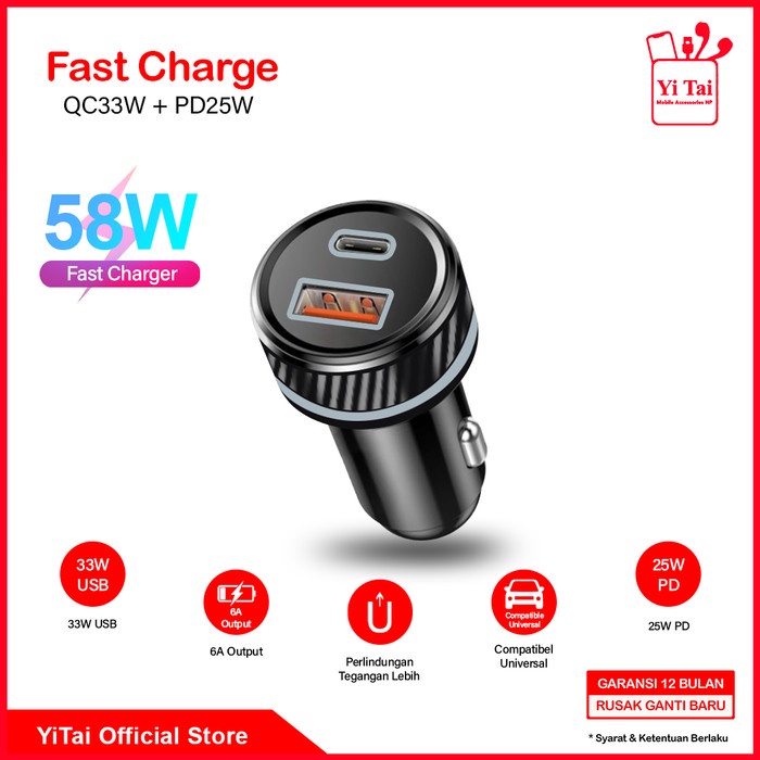 YITAI - CCG07 Fast Car Charger 2 Port 58W QC33W + PD25W Giá 97,300 Đồng*Miễn phí vận chuyển