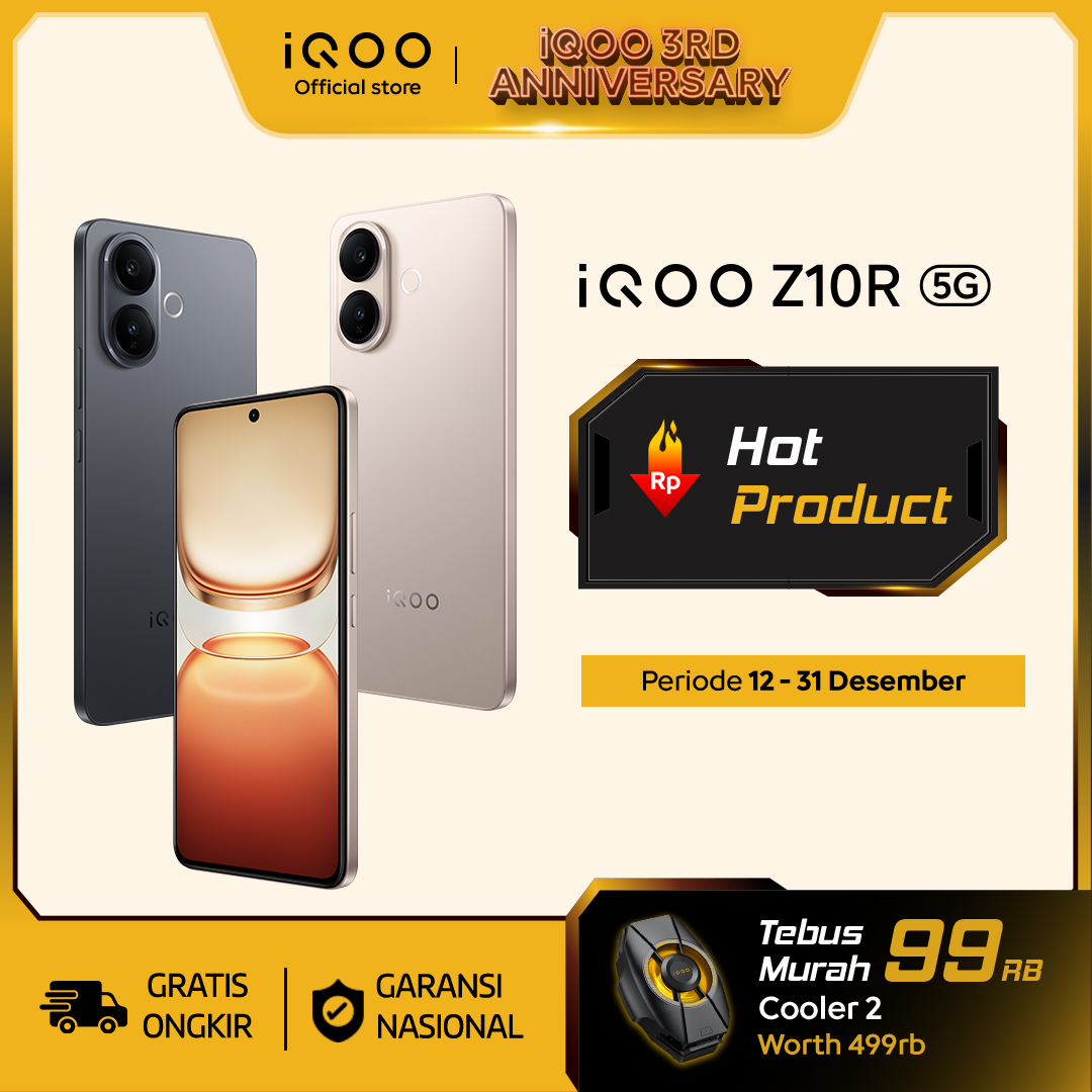 [NEW LAUNCH] vivo iQOO Z10R, MediaTek Dimensity 7360-Turbo, 6500mAh 90W Bypass Charging, 120Hz AMOLED 3000nit, 50MP Sony IMX + Ultrawide, Dual Speaker + IP65 Harga 3,299,000 rupiah*Gratis Ongkir