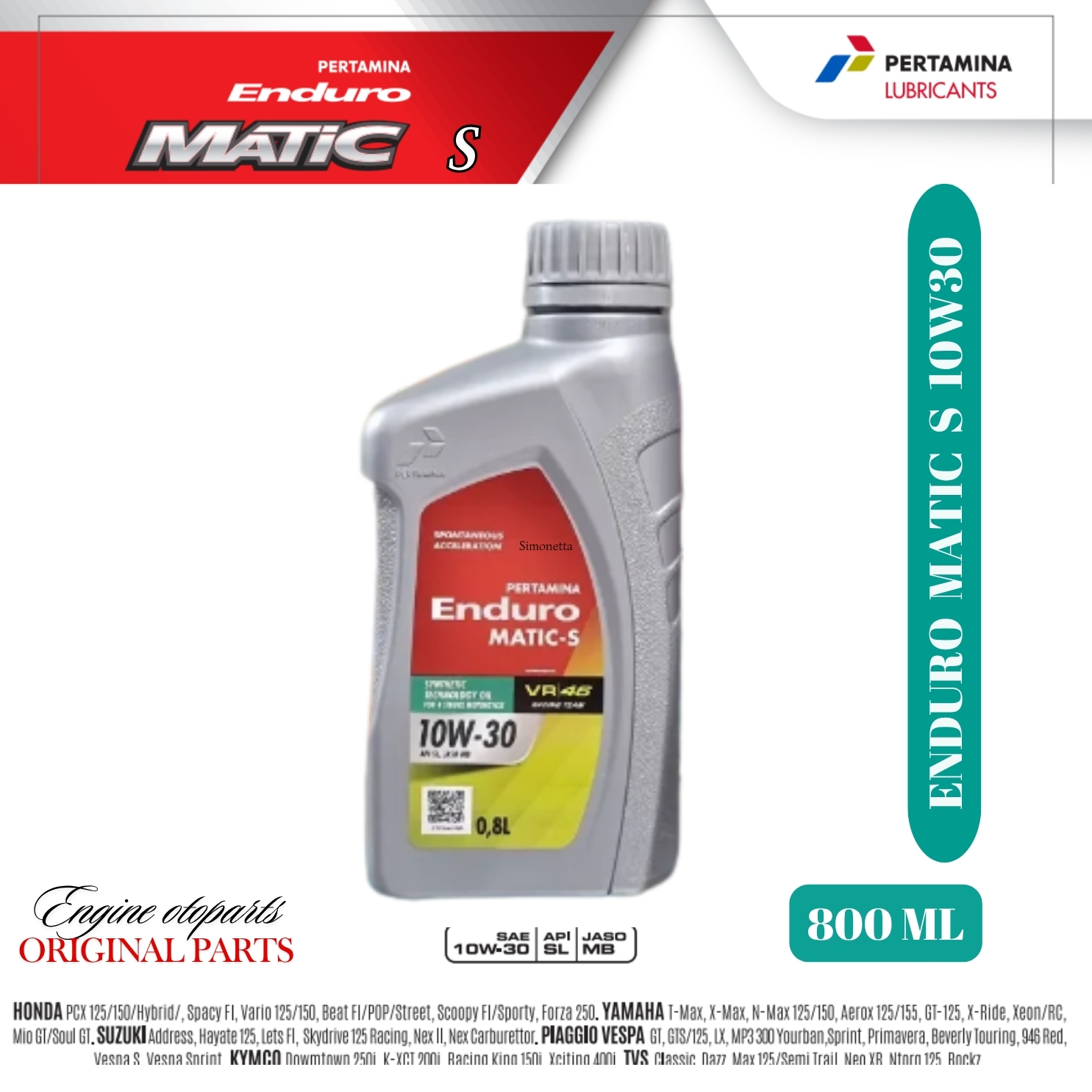Enduro Matic S 10w30 800 ml 100% original high quality lubricating Vario/beat/scopy/Mio/xride Harga 49,500 rupiah*Gratis Ongkir