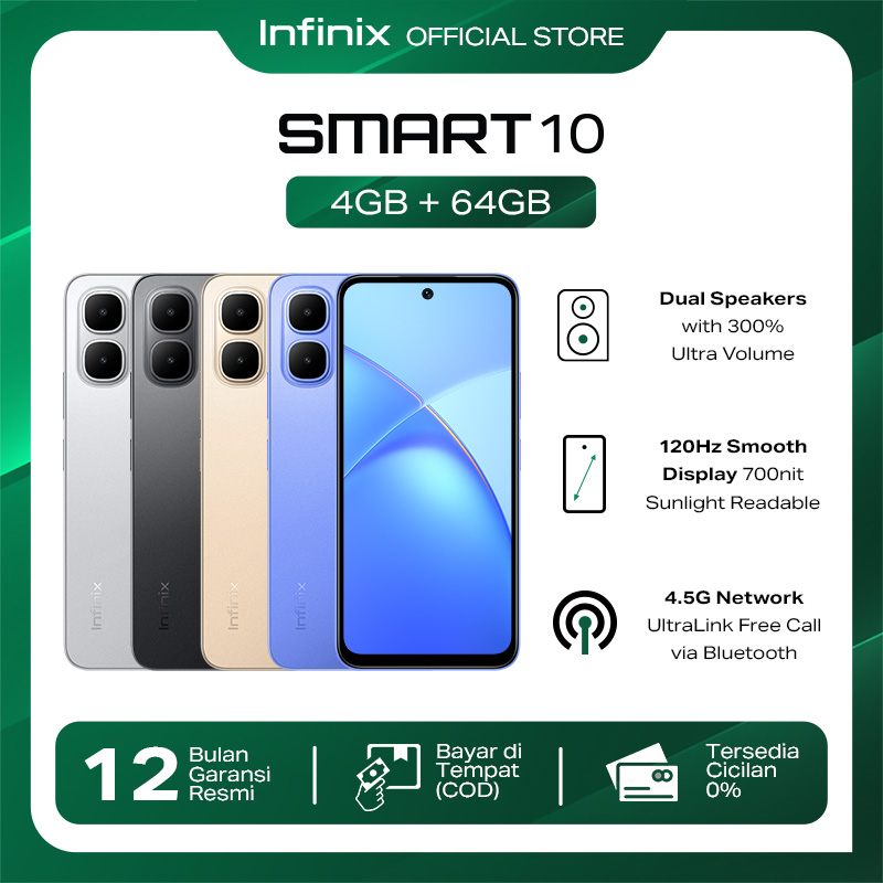 Infinix Smart 10 4/64GB - Up to 8GB Extended RAM - 6.67 inch 120Hz HD+ - T7250 - 5000 mAh Harga 1,073,000 rupiah*Gratis Ongkir