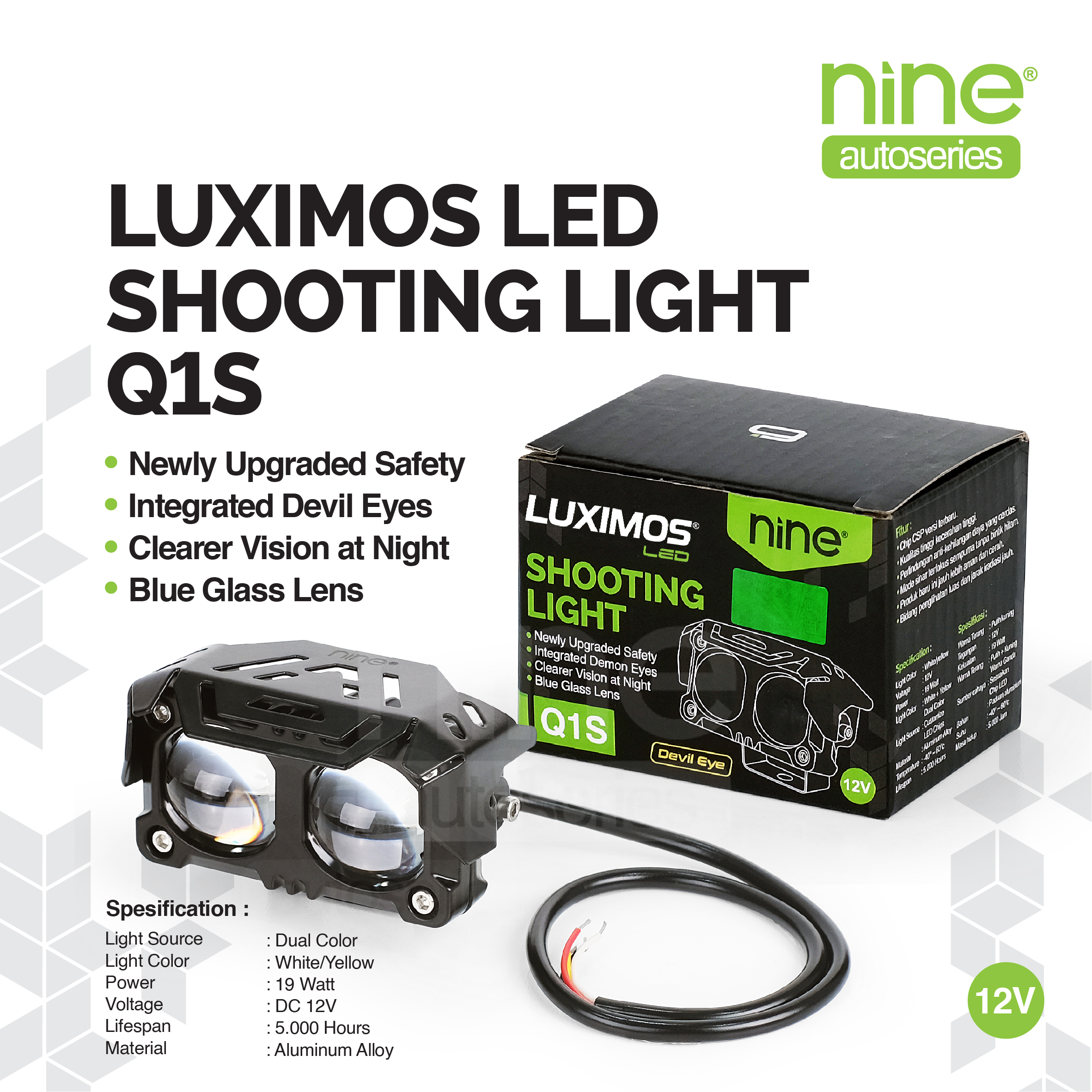 LUXIMOS Shooting Light 2 Eyes Sql 19W Shooting Light Devil Eye Blue Lens Q1S - Nine Autoseries Harga 89,900 rupiah*Gratis Ongkir