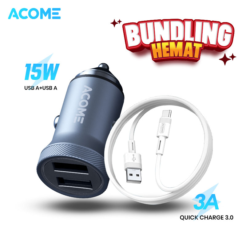 ACOME Bundling Hemat Car Charger ACC02 Dual Port Dual USB A 15 W QC3.0 Colokan Mobil Support Fast Charging Device + Acome Data Cable Seri AD Micro-USB Type C Lightning Original Fast Charging 2.4A 100cm - Garansi Resmi 1 Tahun Harga 72,900 rupiah*Gratis Ongkir