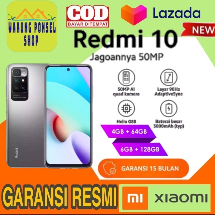 Xiaomi Redmi 10 (4GB+64GB) DAN (6GB+128GB) Helio G88 50MP AI Quad Kamera Layar AdaptiveSync 6,5\