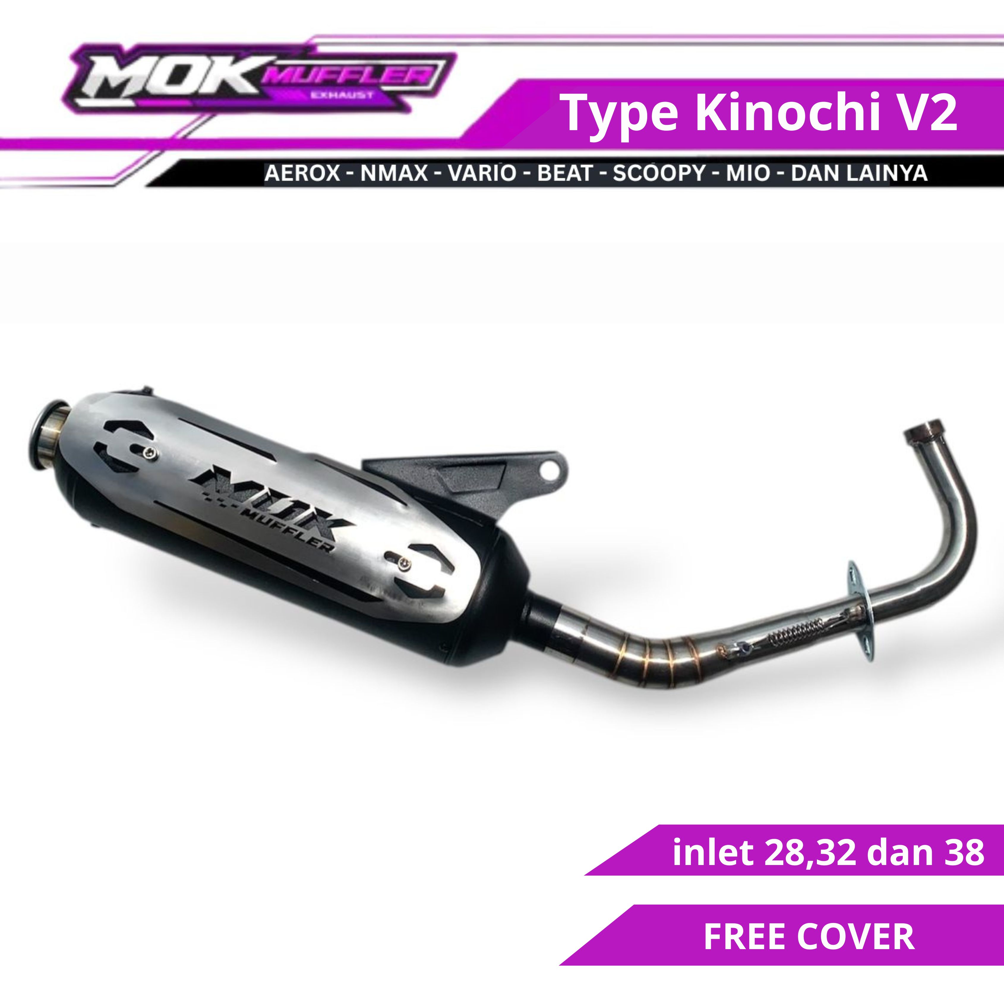 Standard Racing Exhaust Kinochi Kenochi V2 Free Stainless Cover Upper Lower Hanger Emblem White Aerox Nmax Vario Pcx Beat Mio All Matic Harga 300,000 rupiah*Gratis Ongkir