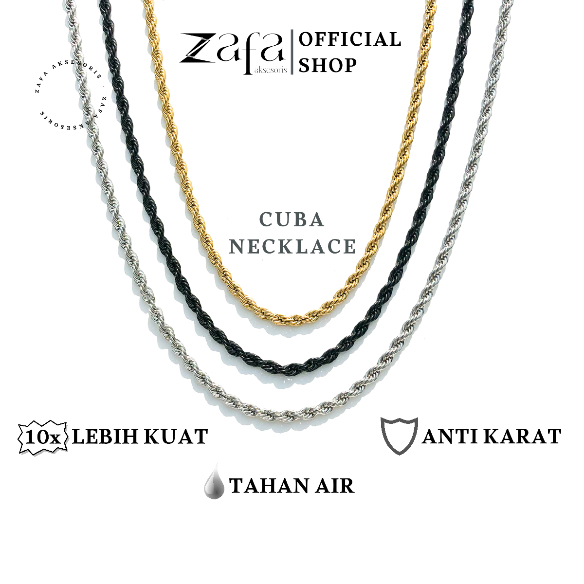 Zafa Kalung Titanium Pria Wanita Anti Karat Black Silver Gold Cuba