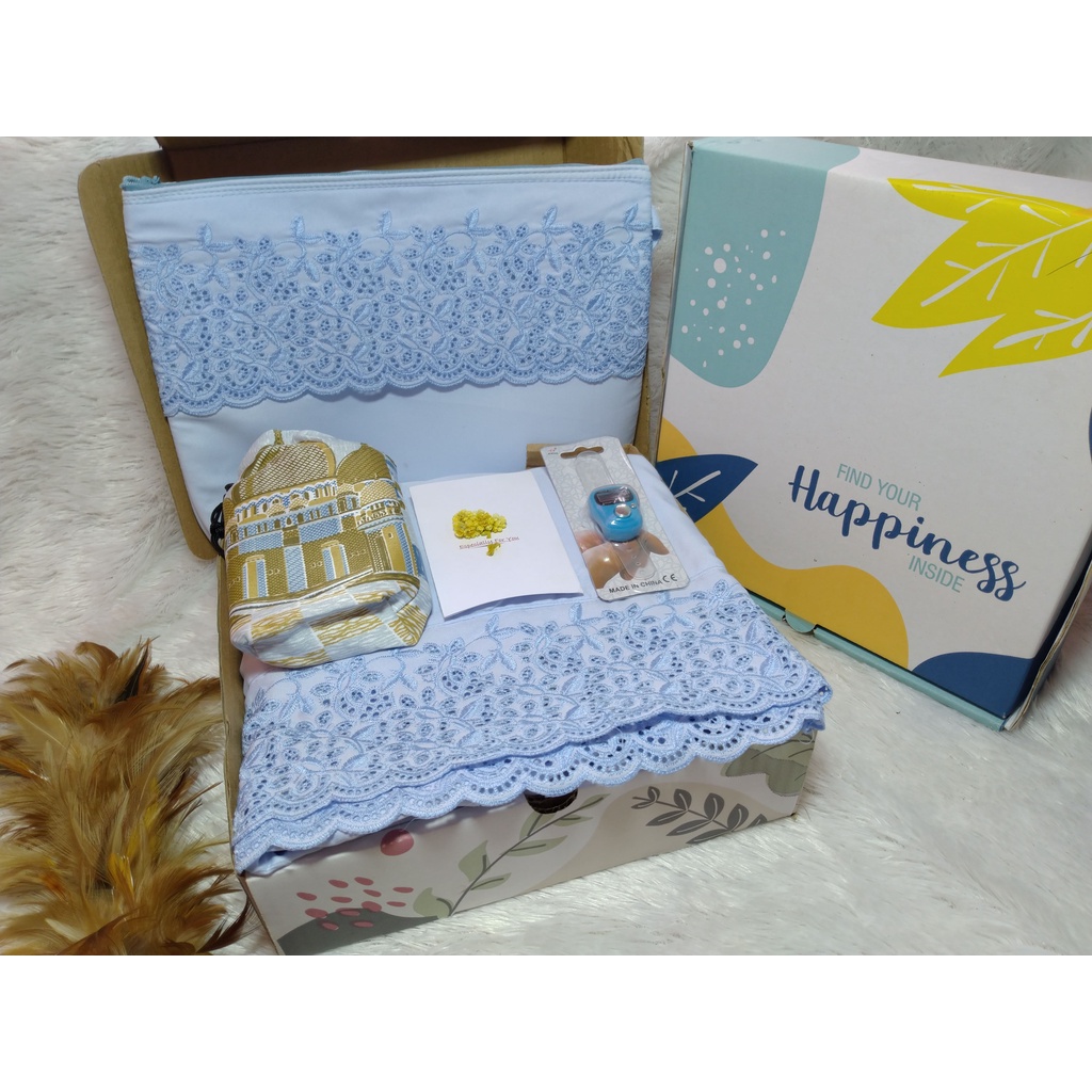 Paket Hampers Hempers hadiah box Parsel Mukenah Rukuh Telekung Rukoh Terusan DAN Sajadah Free Tasbih D…