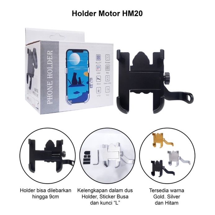 Holder Hp Motor Full Besi Spion GPS HM20 / Phone Holder Aluminium C2 HM-20 Universal Harga 23,142 rupiah*Gratis Ongkir