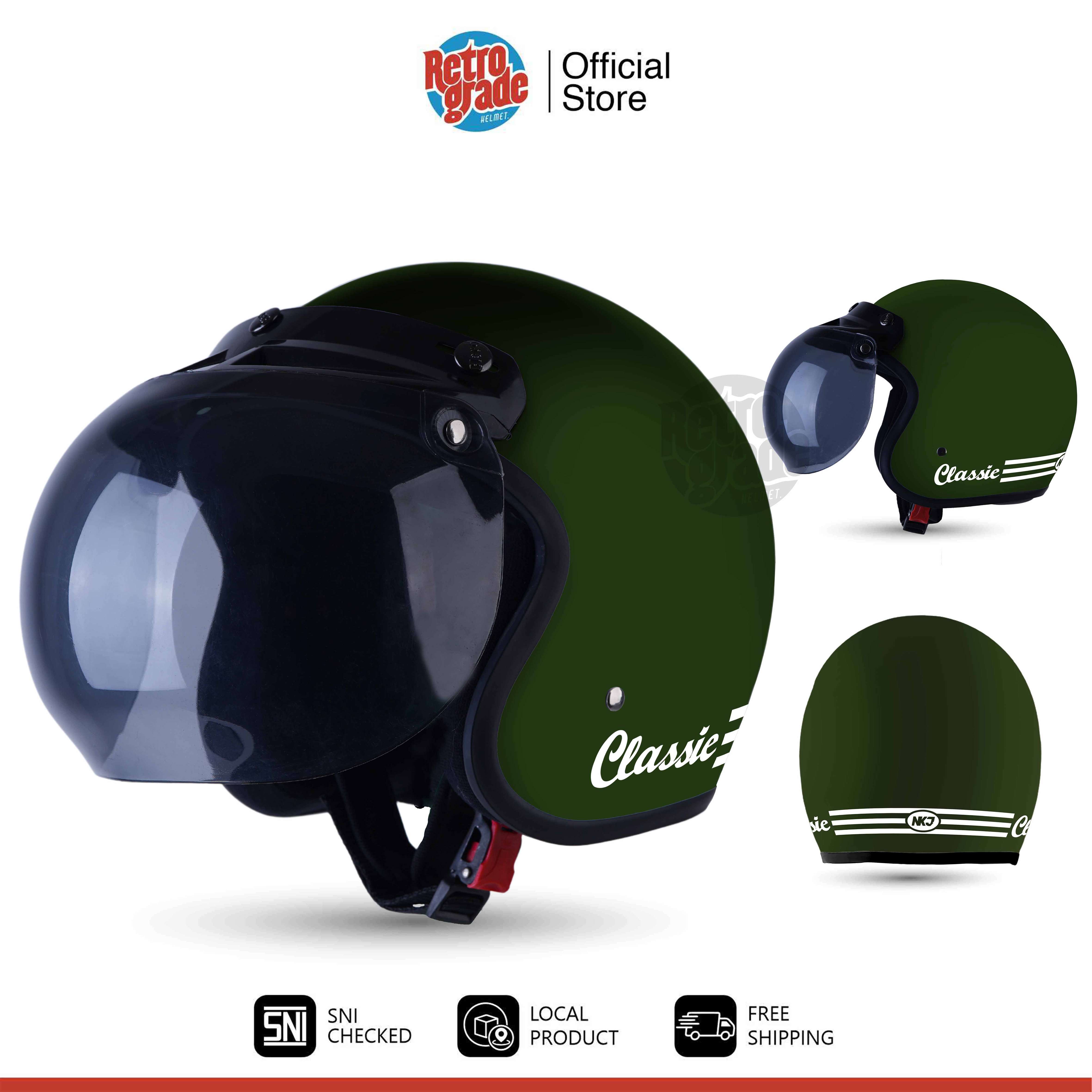 Retrograde Helmet Helm Bogo Dewasa Retro Classic SNI Cat Garis Kaca Bobo Pria Wanita Army Harga 90,000 rupiah*Gratis Ongkir