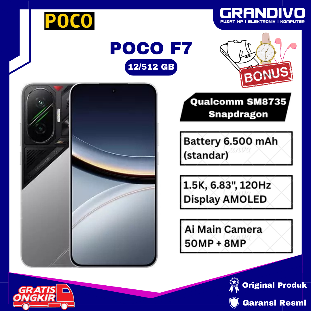[Ready] HP Poco F7 5G RAM 12/512GB NFC display AMOLED 120Hz AI camera 50MP battery 6500mAh official warranty-grandivo Harga 6,287,000 rupiah*Gratis Ongkir