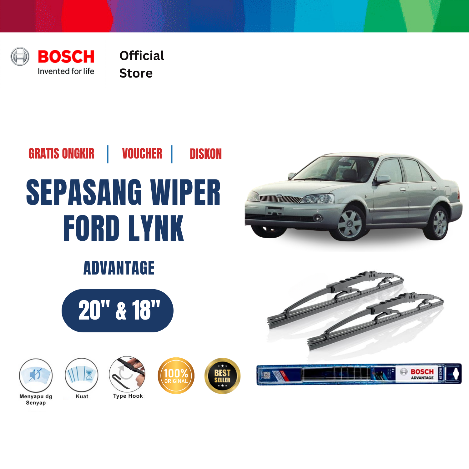 Bosch Sepasang Wiper Kaca Mobil Ford Lynx Advantage 20 dan 18 inchi Harga 121,380 rupiah*Gratis Ongkir