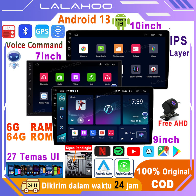 [Support VC+Kamera gratis]LALAHOO 6G+64G Android 13 Head Unit 7/9/10 Inch IPS Layer Mobil Navigasi Untuk TOYOTA Daihatsu Mitsubishi HONDA SUZUKI Hyundai NISSAN Android 9 inch Mobil Stereo Radio Car Multimedia MP5 GPS WIFI Youtube EQ Carplay Mirrolink Harga 720,000 rupiah*Gratis Ongkir