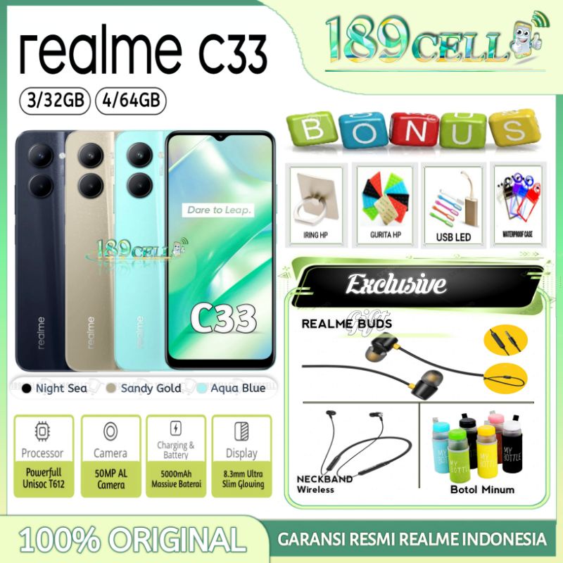 REALME C33 4/64 GB | C33 3/32 GB | Narzo 50i Prime 3/32 GB| C11 3/32 GARANSI RESMI REALME INDONESIA Harga  1,399,900 Ringgit*Penghantaran Percuma