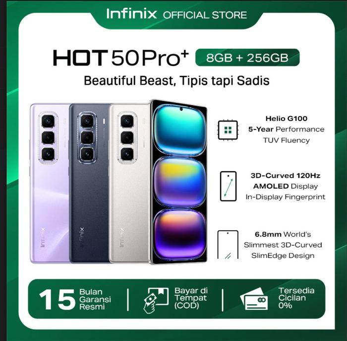 Infinix Hot 50 pro + 8/256GB-up to 16GB extended RAM - Helio G100 - 6.78 inch 3D curved 120Hz AMOLED-50MP-5000 mAh - NFC Harga 2,475,775 rupiah*Gratis Ongkir