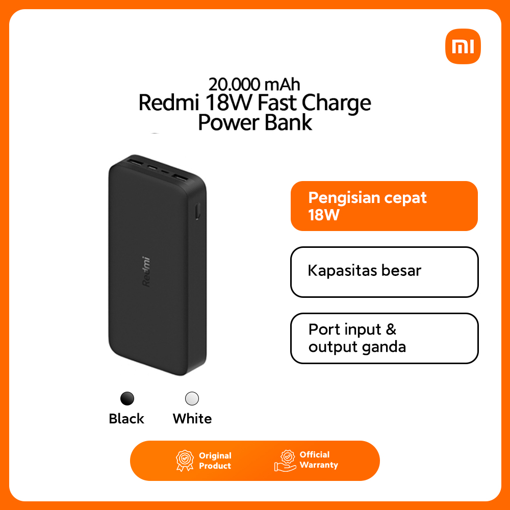 Xiaomi Redmi Power Bank 20.000 mAh Input Type C & Micro USB, Dual Output Type A Lithium Polymer Harga 239,000 rupiah*Gratis Ongkir