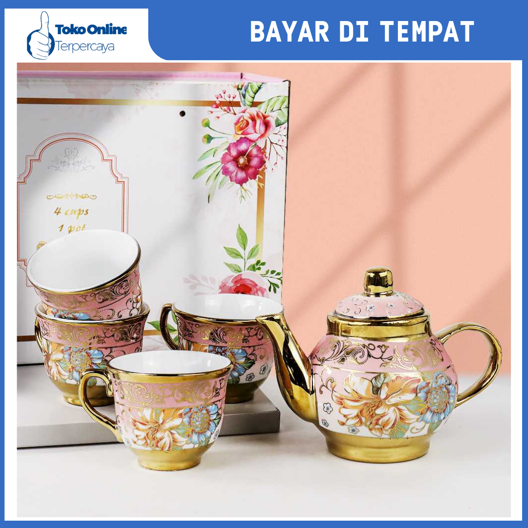DARI JKT SUNFILI Cangkir Teko Keramik Set 4 Cups 1 Pot European Style Gaya Eropa European Style Rose G…