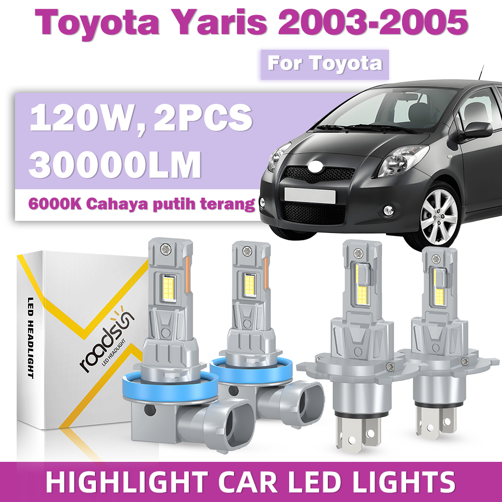 Roadsun 2-Piece H4 H11 Led Headlight Kit Fits 2003-2005 Toyota Yaris Models and Includes High Beam, Low Beam, and Fog Lights; Replaceable Halogen Bulbs; Ultra High Brightness, 6000K Color Temperature. Harga 164,500 rupiah*Gratis Ongkir