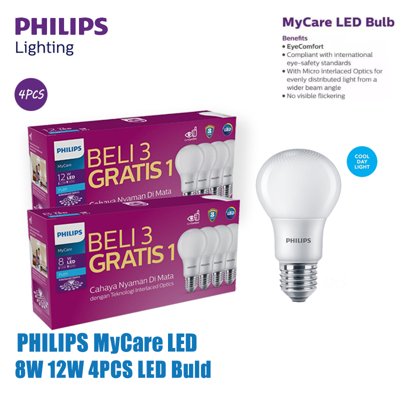Philips Mycare Multipack Led Bulb Lights 8W 12W White Replacement Bundling Package 3 Get 1 Free Harga 104,445 rupiah*Gratis Ongkir