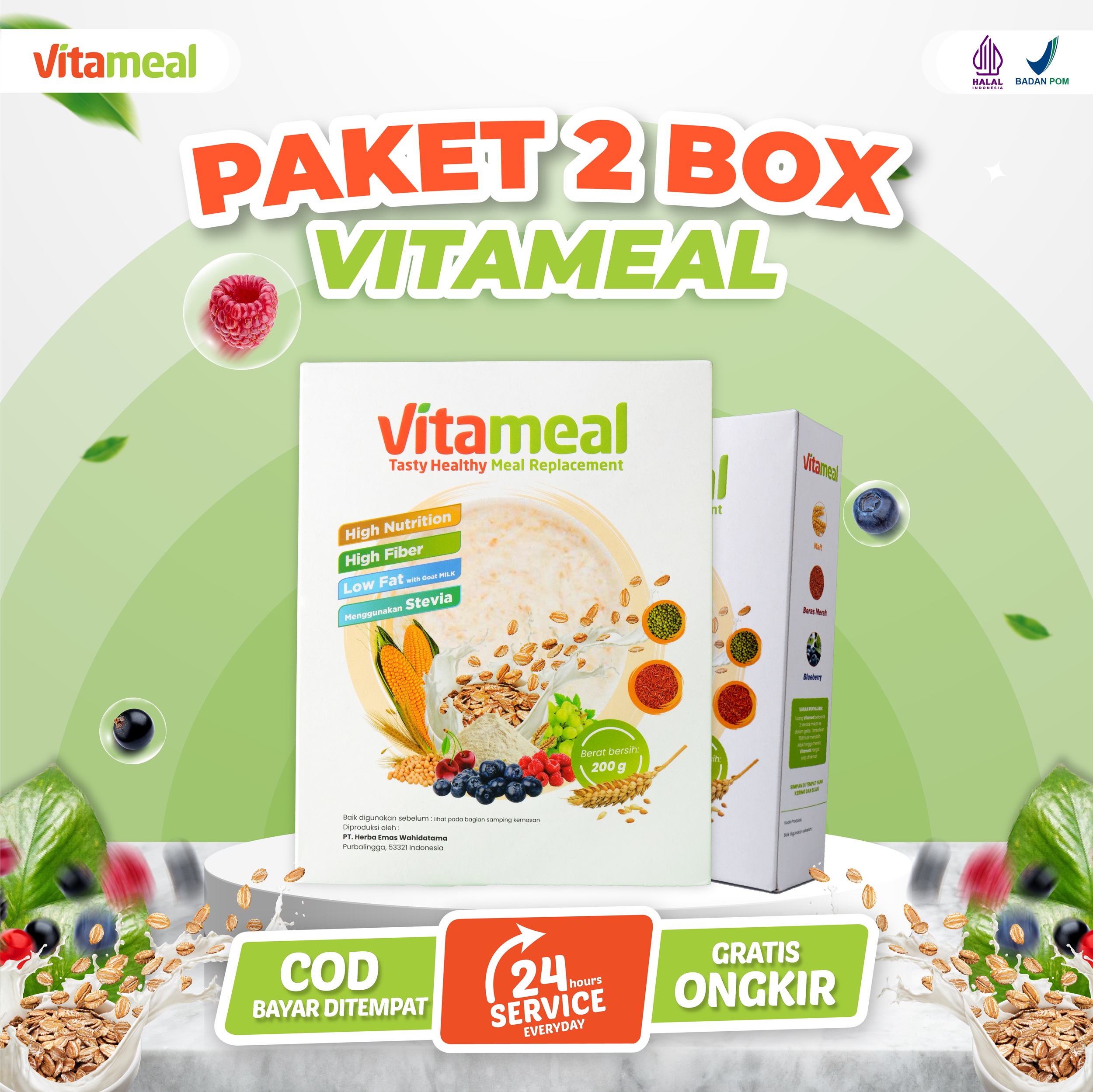VITAMEAL Paket 2 Box - Sereal Sehat Bantu Turunkan Gula Darah Cegah Diabetes Bantu Atasi Asam Lambung Maag Gerd Sakit Perut Mual Muntah Kembung Begah Masalah Pencernaan Herbal Alami Tanpa Efek Samping Harga 174,000 rupiah*Gratis Ongkir